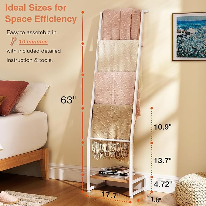 DGWJSU Blanket Ladder, 5 Tier Ladder Shelf,Wooden Blanket Ladders for Living Room and Bedroom, 5.2ft Blanket Holder Rack Farm