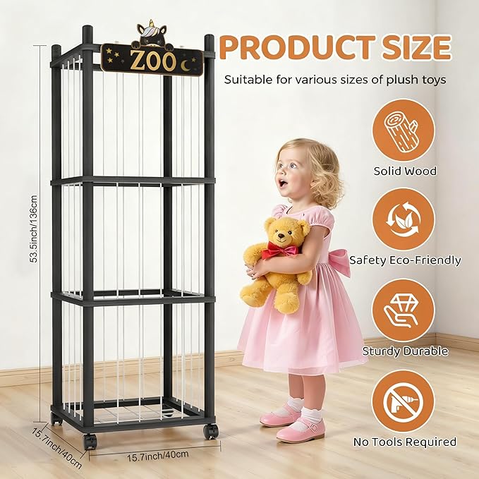 Stuffed Animal Storage Zoo Tower,56In Wooden Large Stuffed Animal Holder Organizer with Wheels,Stuffy Plushies Storage with E