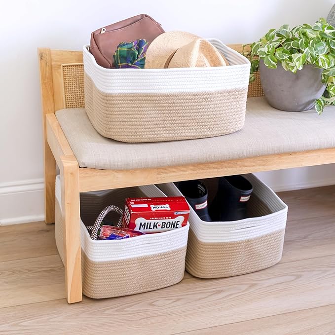 NaturalCozy Storage Baskets 16.8”x13”x7.6” Cotton Rope Woven Baskets for Organizing 3-Pack | Toy Storage Bins | Basket for Sh