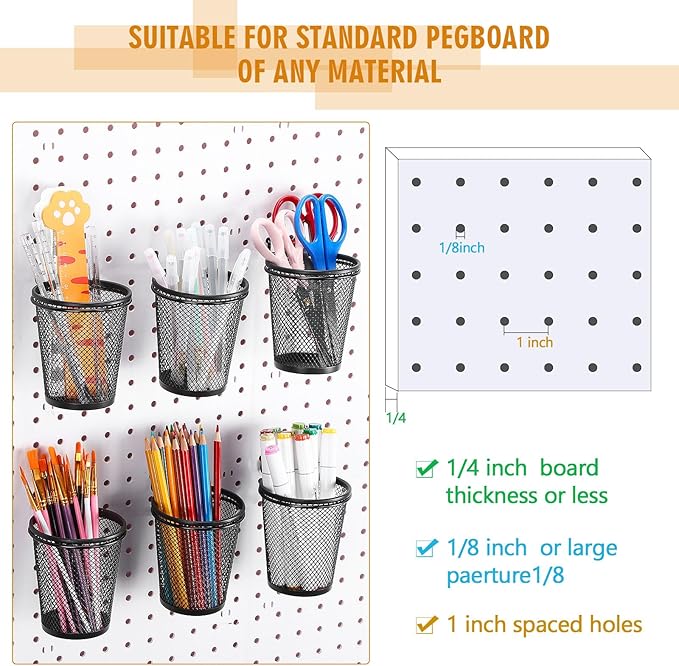 Spakon 6 Sets Pegboard Cups with Ring Hook, Peg Board Baskets Bin Holder Organizer Accessories Pegboard Pencil Cup Multipurpo