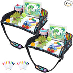 2Pcs Kids Travel Tray for Toddler Carseat, Road Trip Activities Essentials for Toddler, Kids Lap Desk Tray with Tablet Holder Stand ＆ Dry Erase Board (Dinosaur-2Pcs)