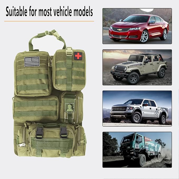 tactical car seat back organizer and storage truck seat covers with a Molle Vehicle Panel and 5 Different Size Molle Pouches for most models such as Jeep,SUV,Pickup (Army green)