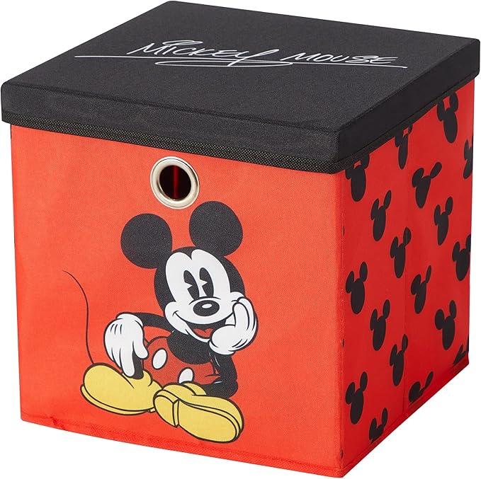 Idea Nuova Disney Mickey Mouse Collapsible Fabric Storage Cube,10” Organizer Bin with Lid for Bedroom, Playroom, and Closet
