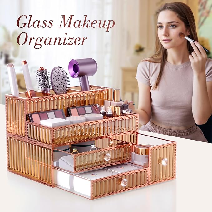 Makeup Organizer Golden- Tempered Glass Vanity Organizer for Cosmetics, Skincare, Hair Tools, Brushes, Perfume - Multipurpose