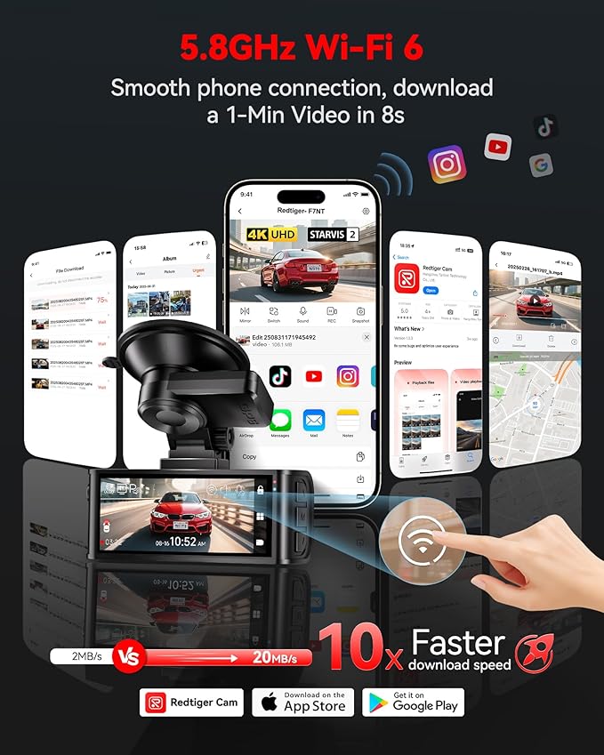 REDTIGER 4K STARVIS 2 Dash Cam Front and Rear, 5GHz WiFi 20MB/s Download, 128GB Card Included, Voice Control, Dash Camera for
