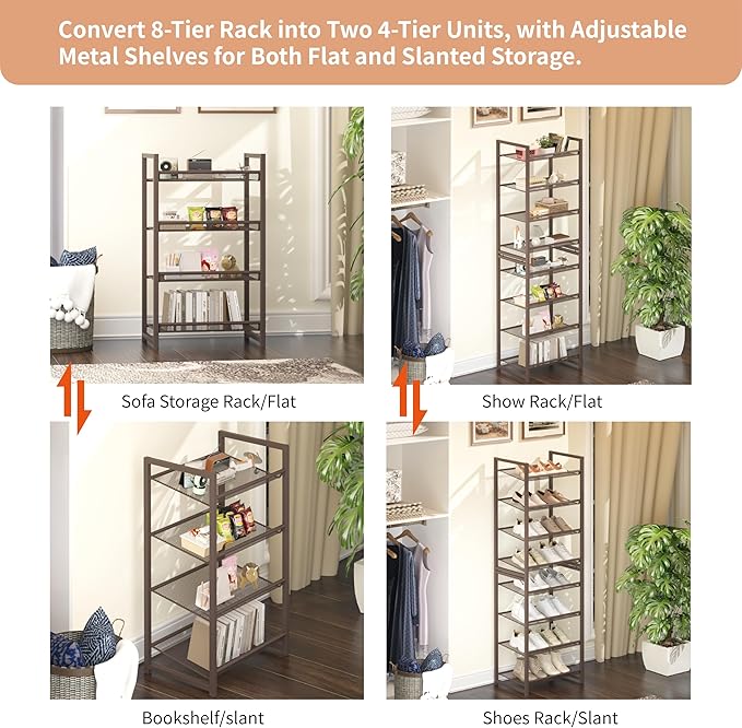 Tall Narrow Shoe Rack, 8 Tier Stackable Shoe Stand for 16-20 Pairs, Heavy Duty Shoe Organizer for Small Space Closet Bedroom,