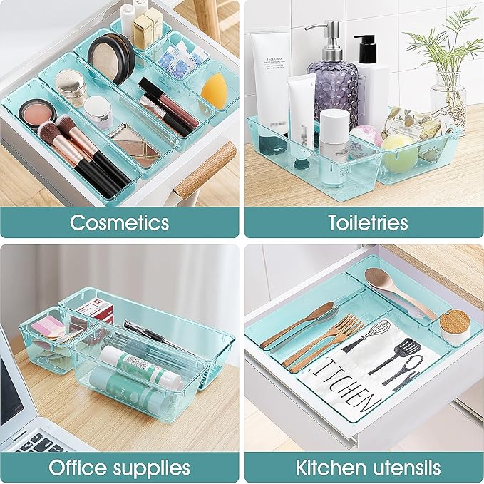 WOWBOX 25 PCS Plastic Drawer Organizer Set, 4 Sizes Desk Drawer Divider Organizers and Storage Bins for Makeup, Jewelry, Gadg