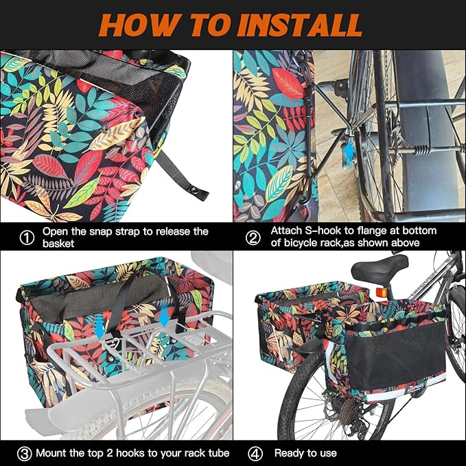 RAYMACE 2Pack Bike Grocery Panniers for Bicycles and Ebikes,Bike Rack Bags with Reflective Spots and Side Pockets,Folding Bike Basket Fits for Most Rear Racks (Leaf)
