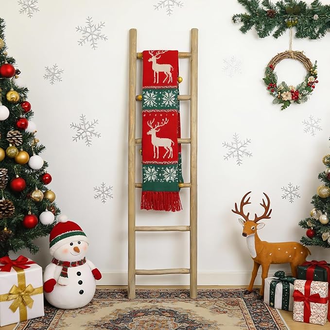 Wooden Blanket Ladder - 76in Natural & Motley Wood - Leaning Wall Decor for Bedroom, Bathroom, Living Room - Rustic Quilt Hol