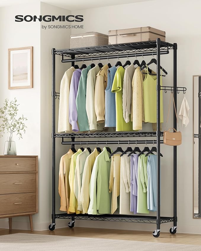 SONGMICS Heavy-Duty Rolling Clothes Rack, Garment Rack, Portable Closet, 43.3-Inch Wide Clothing Rack on Wheels, with Adjusta