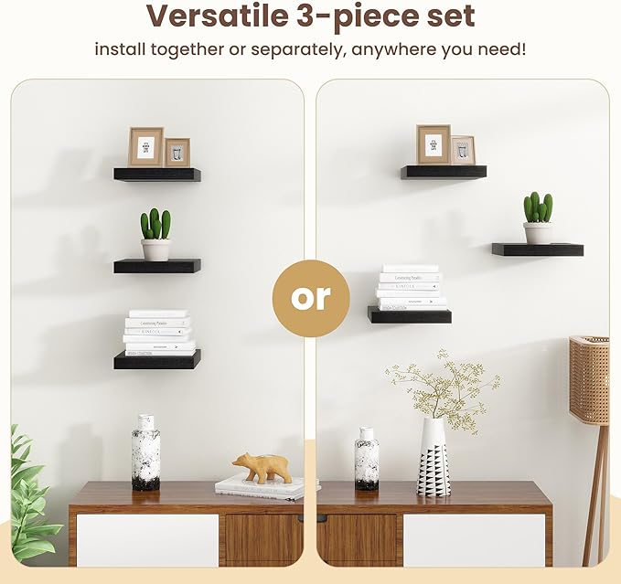 Fun Memories Floating Shelves for Wall - 9.3 Inch Square Shelves with Invisible Brackets, Black Small Wall Shelf for Living R