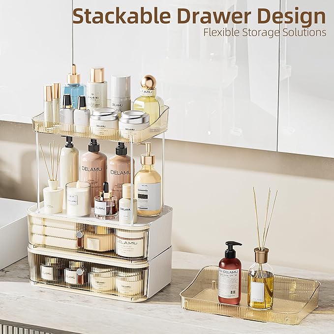 Delamu 3-Tier Bathroom Counter Organizer with Drawer, Multi-Purpose Makeup Organizer Countertop for Vanity, Large Cosmetic Di