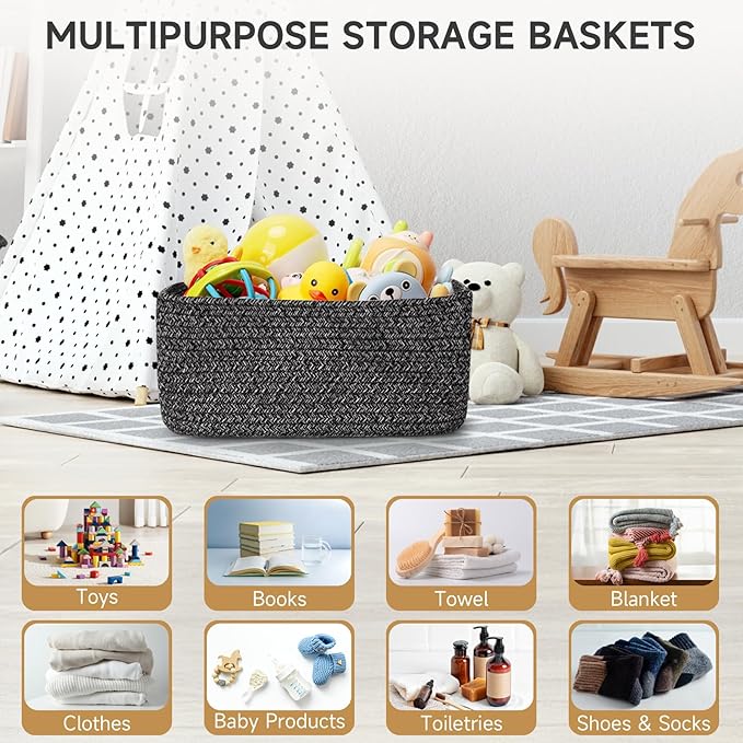 3-Pack Storage Baskets for Organizing | Woven Shelf Toy Basket | Rope Baskets for Gifts Empty | Closet Organizer Bins with Ha