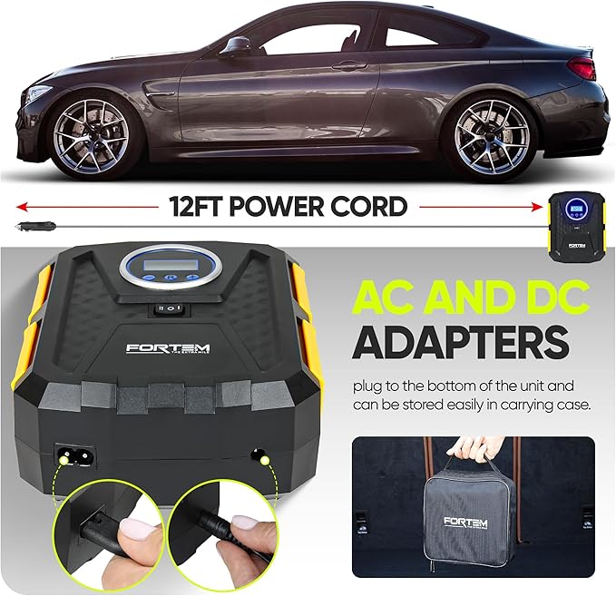 FORTEM Tire Inflator Portable Air Compressor, Air Pump for Car Tires and Bikes, Car Tire Pump w/Auto Shut Off, 150 PSI, 110V AC 12V DC, LED Light, Carrying Case, for Men, Women