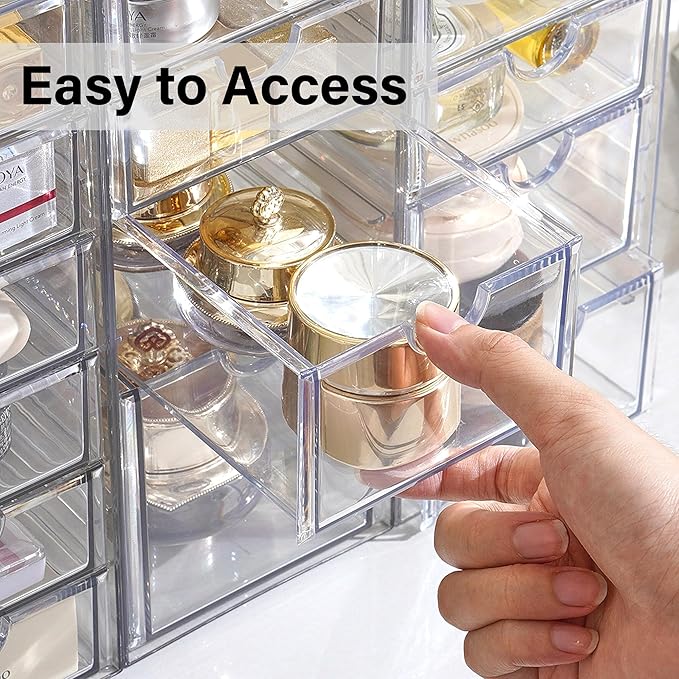Prsildan Acrylic Drawer Makeup Organizer with 9 Drawers, Set of 3 Office Desk Organizers Accessories, Clear Stackable Storage