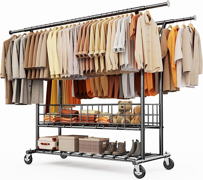 HOKEEPER Heavy Duty Clothes Rack Load 635 LBS, Clothing Rack for Hanging Clothes, Adjustable Black Double Rod with Metal Bask