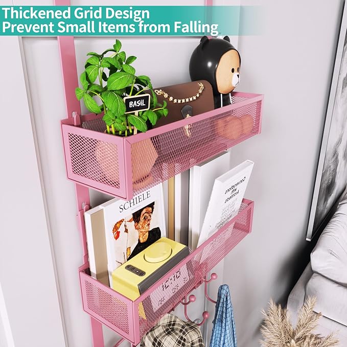 HapiRm Over The Door Hanger with Coat Hooks and 2 Baskets, Rustproof & Waterproof Pink Over The Door Hooks, Storage Organizer