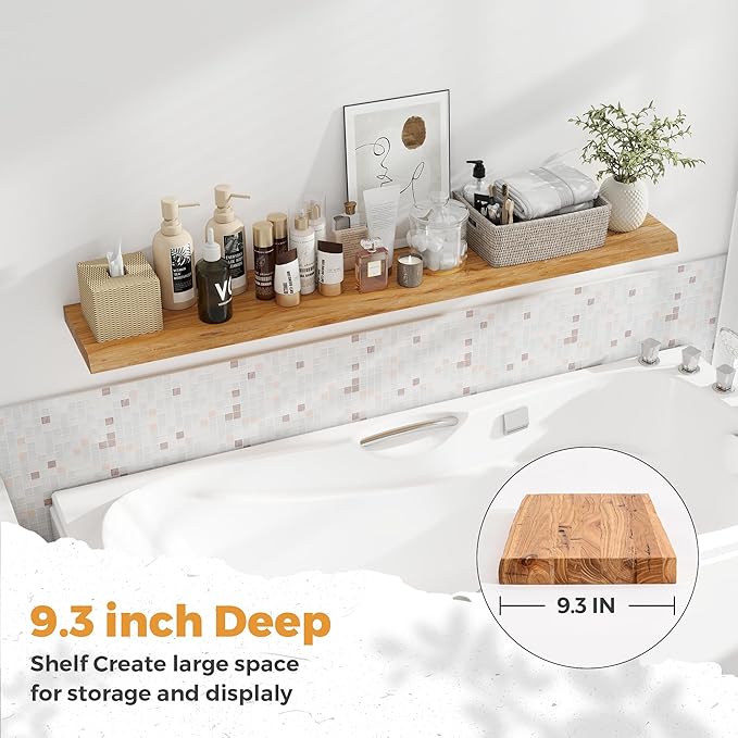 Live Edge Elm Floating Shelves For Wall - 55" W x 9.3" D Rustic Solid long Wood Shelves with Invisible Bracket, Wall-Mounted 