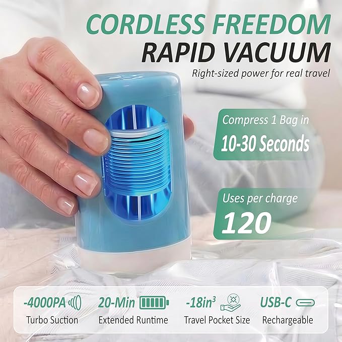 Cozy Essential Travel Vacuum Storage Bags with Rechargeable Cordless USB Pump, Space Saver Bags for Luggage, Suitcase, Carry-