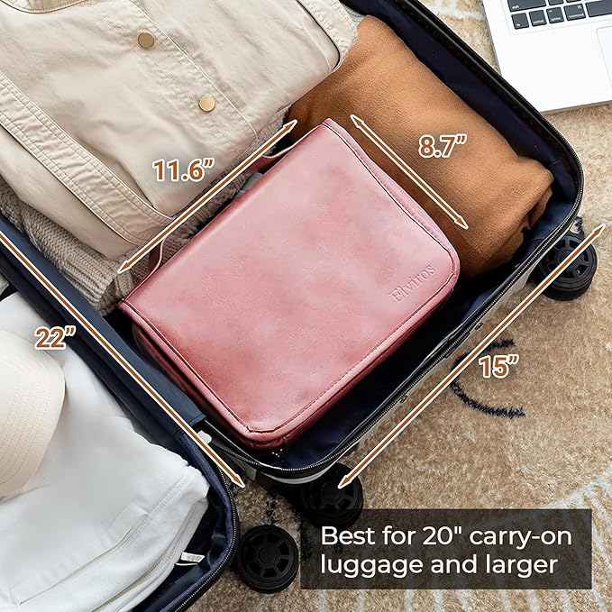 Elviros Hanging Travel Toiletry Bag for Women, 3-in-1 Large Makeup Bag and Cosmetic Organizer, Vegan Leather Waterproof Skinc