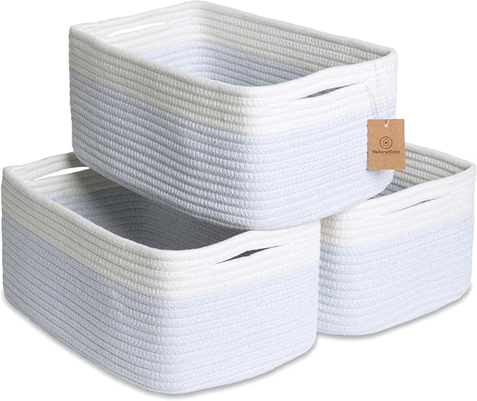 NaturalCozy 13.5”x8.5”x5.5” Rectangle Storage Baskets for Shelves 3 Pack | Cotton Rope Woven Small Baskets for Organizing | S