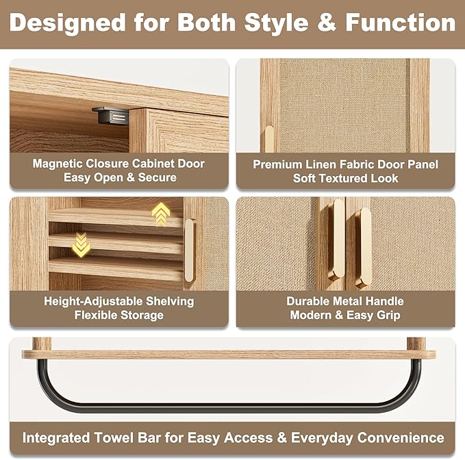 INNOD Rattan Bathroom Wall Cabinet with Towel Bar, Wall-Mounted Medicine Cabinet with Adjustable Wood Shelf & Doors, Over The