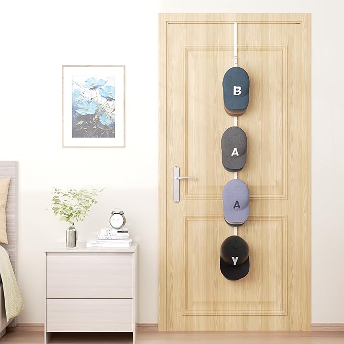 HapiRm Over Door Hat Rack - Hat Organizer with 4 Hooks Design, Hanging Baseball Cap Organizer Storage Holds Up to 20 Caps for