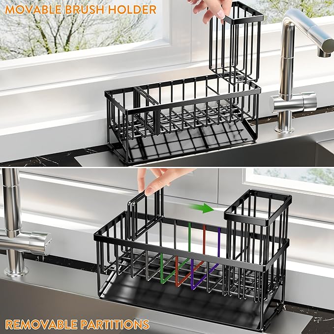 Cisily Extra Large Kitchen Sink Caddy Organzier with High Brush Holder, Sponge Holder for Sink, 304 Rustproof Stainless, Kitc