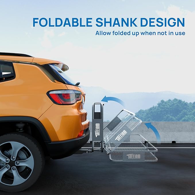 TUFFIOM 60"x20"x6" Folding Hitch Mount Cargo Carrier Basket, 500lbs Steel Car Cargo Trailer Hitch Luggage Rack with Net, Waterproof Cargo Bag, Straps & Stabilizer for SUV Car Truck Van