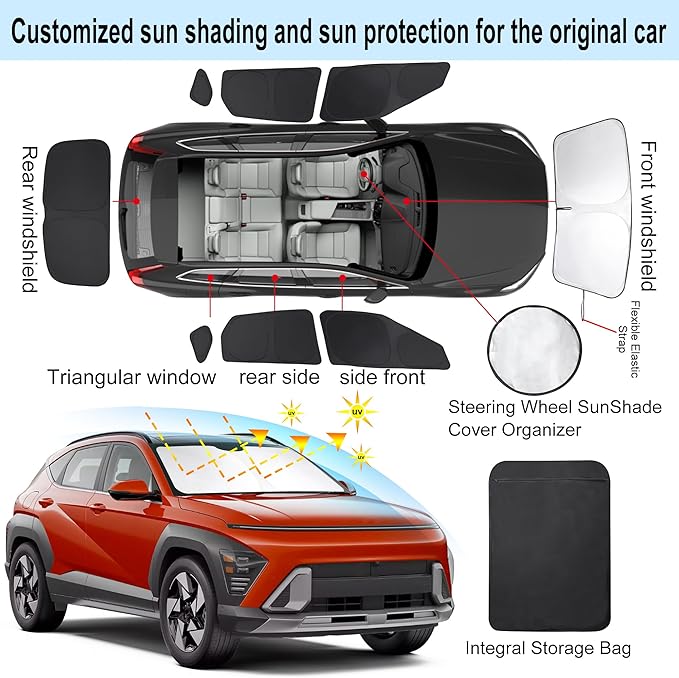 Windshield Sun Shade Car Windshield Foldable Full Windows Coverage Custom Fit for 2024-2026 Hyumdai Kona Accessories Car Window Shades Block Sun UV Rays 8PCS