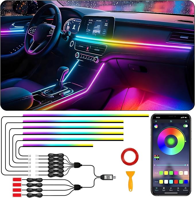 Interior Car LED Strip Lights, RGB 10 in 1 Dynamic Dreamcolor Chasing Acrylic LED Lights for Car, USB Powered Ambient Lighting Kits with Wireless APP, Sound Active Function Car Neon Lights (10 in 1)