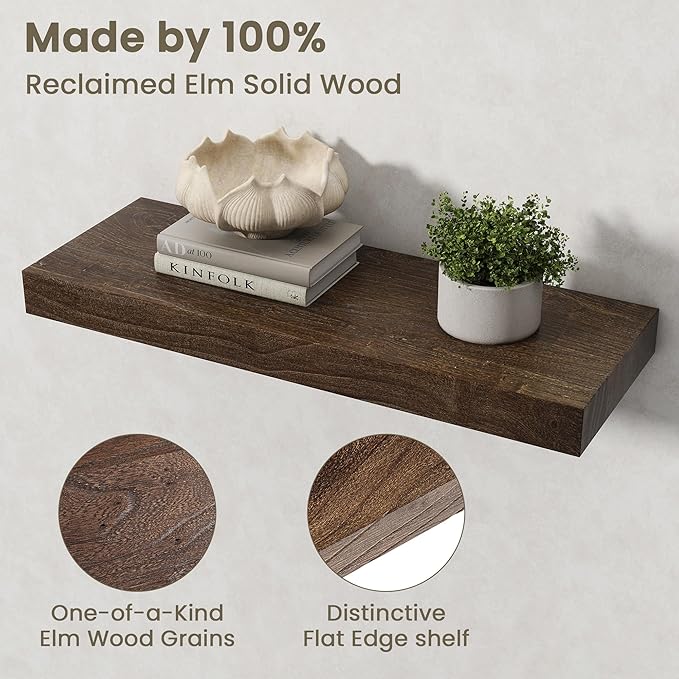 Fun Memories Solid Elm Wood Floating Shelves Set of 2-24 Inch Rustic Wall Shelves with Heavy-Duty Invisible Brackets - for Li