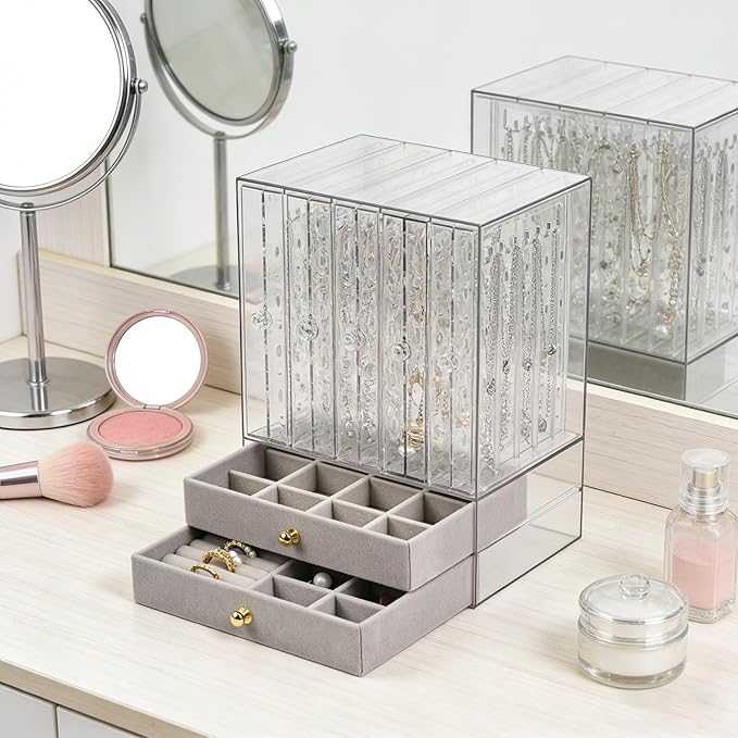 Greenfeather Jewelry Organizer with 7 Removable Drawers, Clear Acrylic Jewelry Box with 40 Necklace Hooks, 120 Pairs of Earri