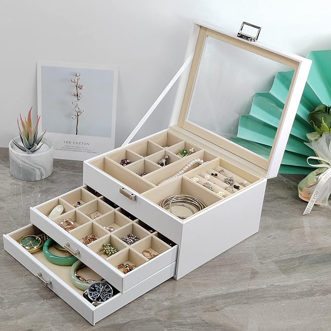 BOOVO Clear Lid Jewelry Box,3 Layers Jewelry Organizer Large Multi-Functional Jewelry Storage Box with 2 Drawers,Jewelry Disp