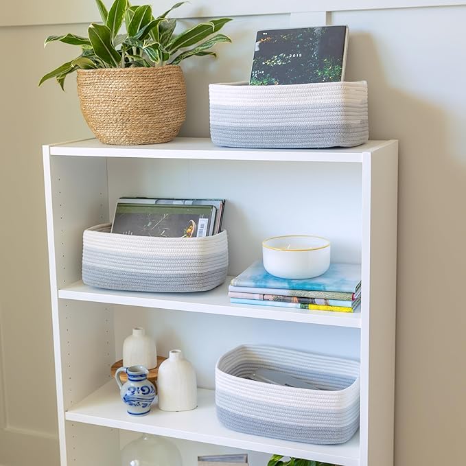 NaturalCozy 13.5”x8.5”x5.5” Rectangle Storage Baskets for Shelves 3 Pack | Cotton Rope Woven Small Baskets for Organizing | S