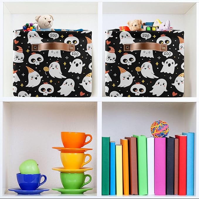 xigua Halloween Ghost Storage Basket Collapsible Storage Bins Waterproof Canvas Storage Basket with Leather Handles for Home 