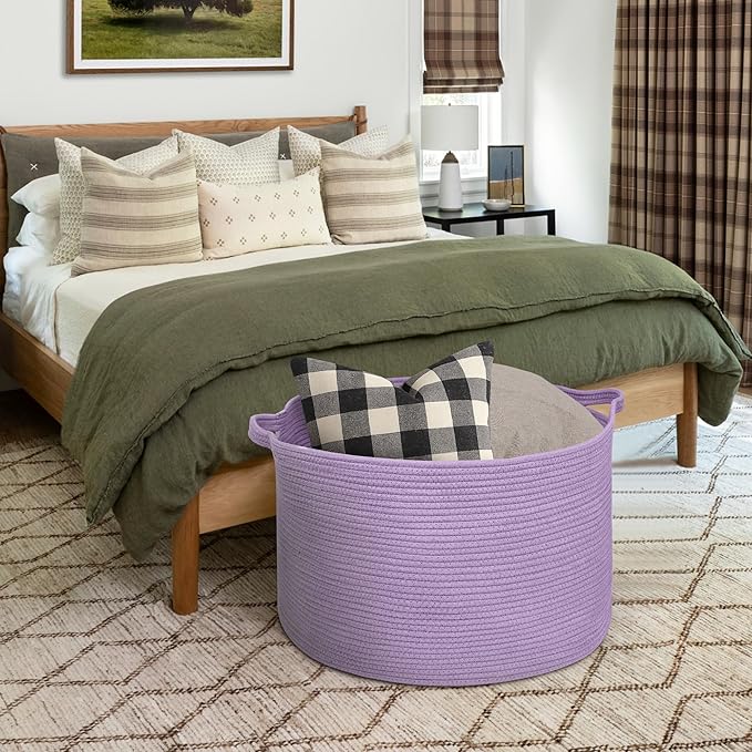 MEGASKET 115L Extra Large Purple Storage Basket, 23.6" X 15.7" Jumbo Woven Cotton Rope Bin for Throw Blankets Pillows, Baby L