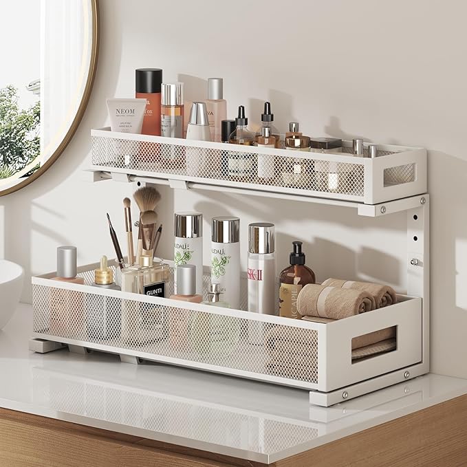 1 Pack 20.47IN Depth Under Sink Storage Organizer, Large 2-Tier Elegant Mesh Pull Out Shelf for Kitchen and Bathroom Cabinet 