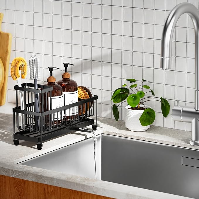 Cisily Sponge Holder for Kitchen Sink, Sink Caddy Organizer with High Brush Holder, Kitchen Countertop Organizers and Storage