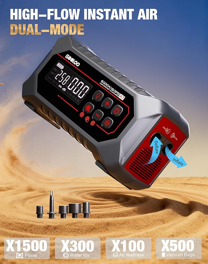 GOOLOO A7 Jump Starter with Air Compressor 6000A &160PSI 12V Car Battery Jumper Starter Portable Booster Pack 12-in-1 Jump
