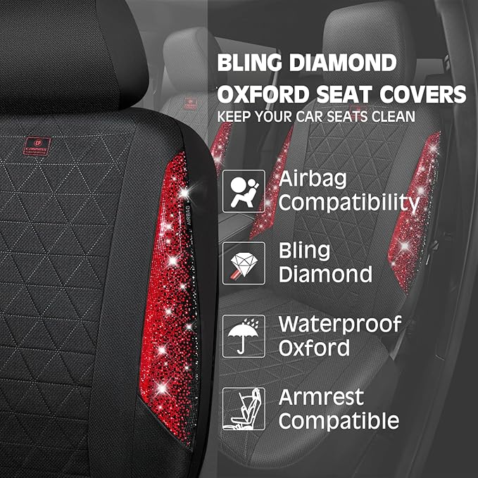 CAR PASS Oxford Bling Diamond Car Seat Covers Full Set Interior Sets, Waterproof Shining Glitter Sparkly Crystal Universal Ar