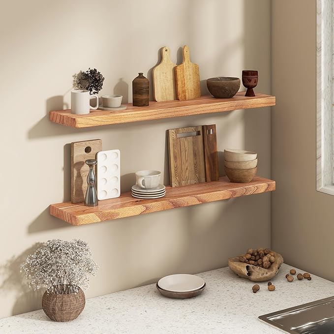 Fun Memories 40 Inch Floating Shelves, Rustic Solid Wood Wall Shelves Set of 2, 8 Inch Deep Floating Shelf for Bathroom, Bedr