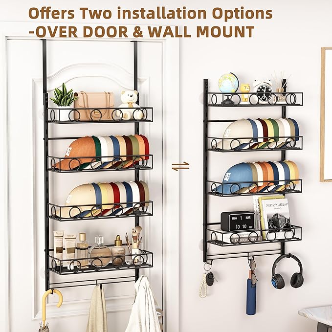 Over Door Hat Organizer 5 Tier Wall Mounted Hat Rack with 4 Adjustable Metal Basket and 3 Hooks Hat Organizer for Baseball ca