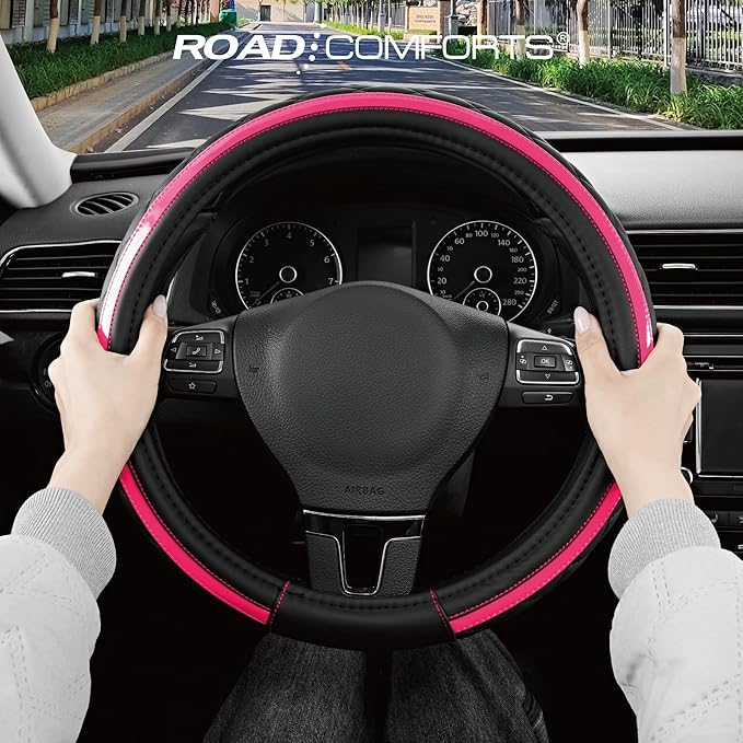 Road Comforts Leather Steering Wheel Cover – Black & Hot Pink, Universal Fit 14.5-15 Inch, Microfiber Leather, Anti-Slip & Br