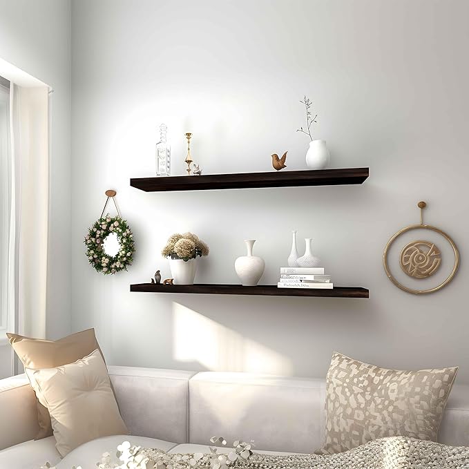 PHPH 36 Inch Wood Floating Shelves for Wall, Wooden Wall Shelves for Bedroom, Set of 4 Brown
