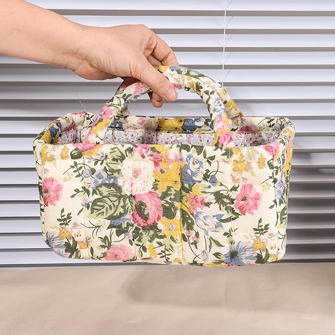 Small Storage Basket Organizer, Mini Fabric Floral Storage Baskets with Handle, Quilted Portable Collapsible Storage (C)