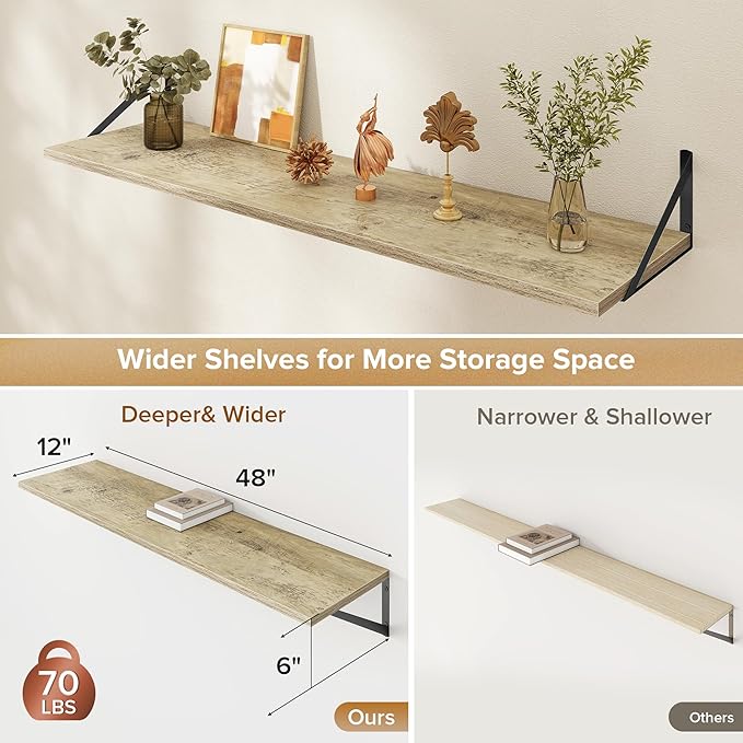 Deep Floating Shelves Wall Mounted, 48"x12" Gray Wall Shelves with Brackets Set of 2 for Bedroom, Living Room, Bathroom, Kitc