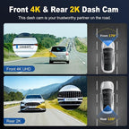 4K+2K Dash Cam Front and Rear, Free 64GB Card Included, 5.8GHz WiFi Dash Camera for Cars, Built-in G-Sensor, 3.2” IPS Screen,