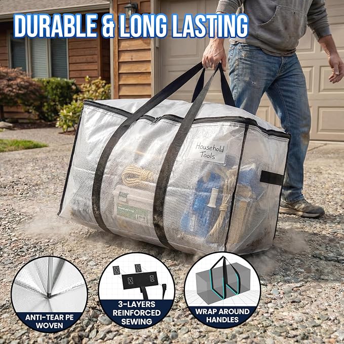 TAILI Extra Large Moving Bags, 10 Pack Clear Heavy Duty Totes For Storage with Visible Window, Wrap Around Handles, Storage B