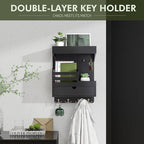 Rebee Vision Modern Key Holder Wall Mount with Drawer Organizer - Pine Wood Mail and Key Organizer with 6 Keys Hooks and Floa